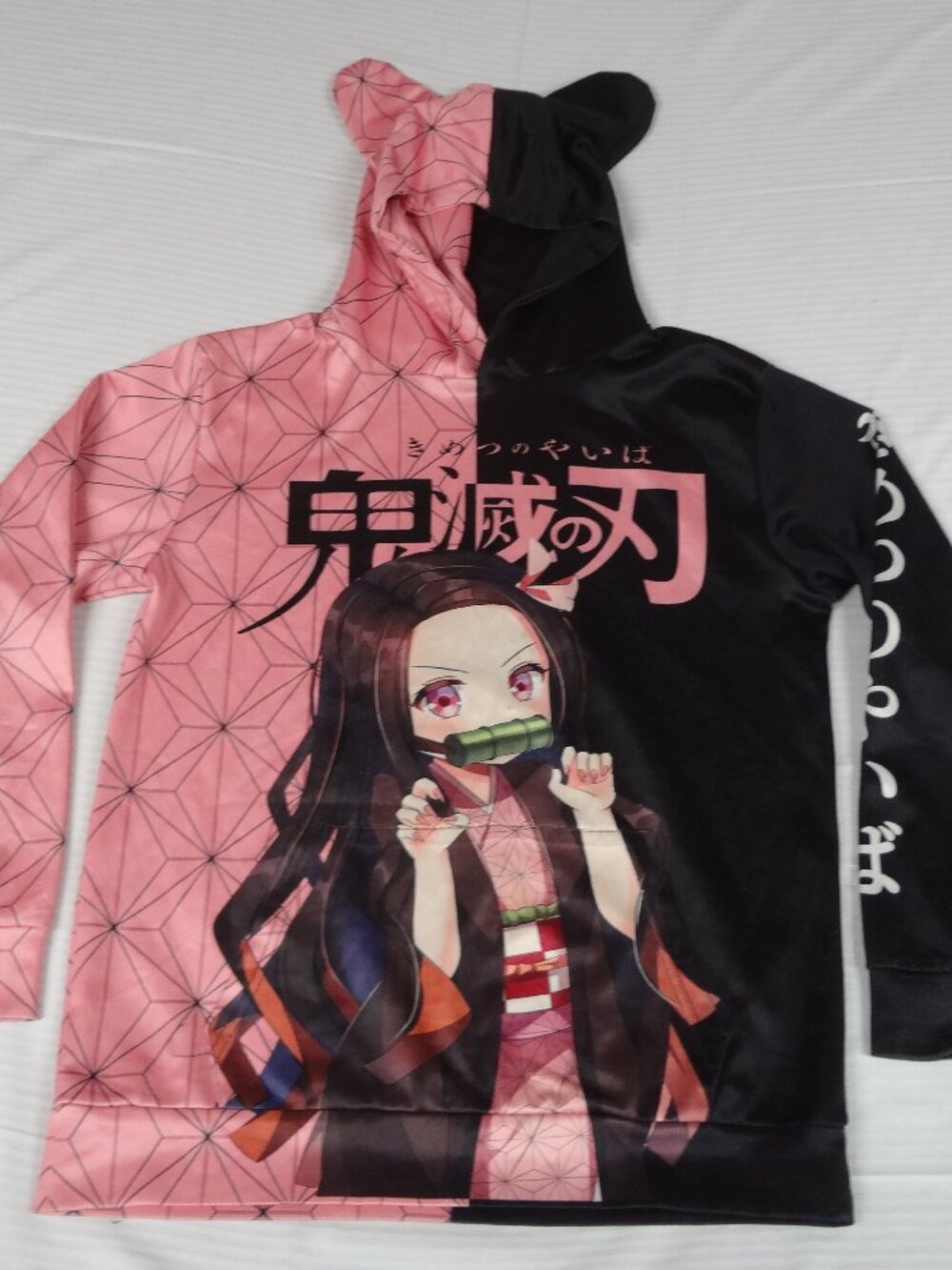 DEMON SLAYER NEZUKO KAMADO PINK BLACK YOUTH PULLOVER HOODIE SMALL W/EARS L736